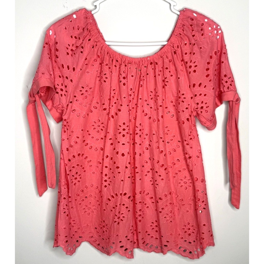Cynthia Rowley Peasant Boho Pink Eyelet Lace Top‎ Bow Short Sleeve Women's Small
